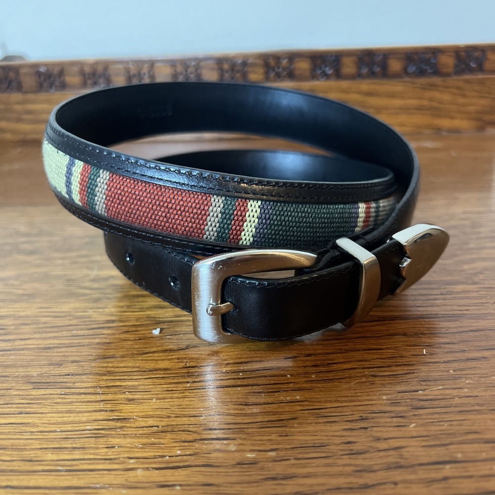Beverly Hills Polo Club Men's 34 Leather & Striped Fabric Belt G-3008 15297